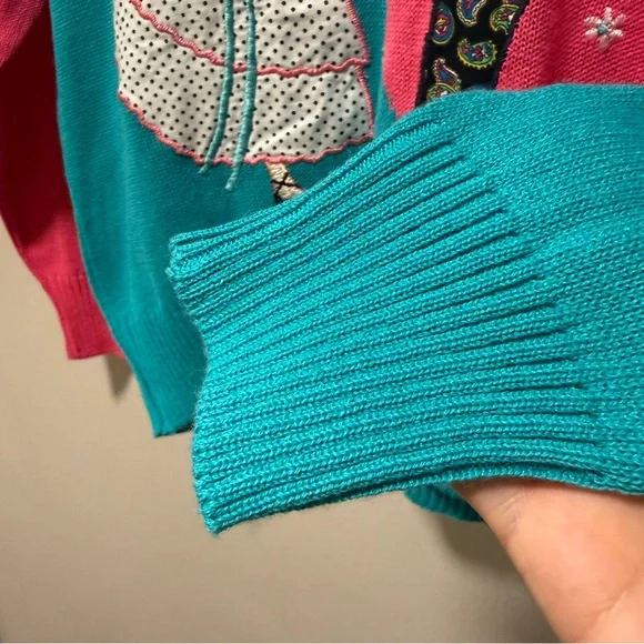 NWT Vintage 80s Odette Italian Knit Sweater Size M - Pink & Aqua Novelty Art - Picture 7 of 11